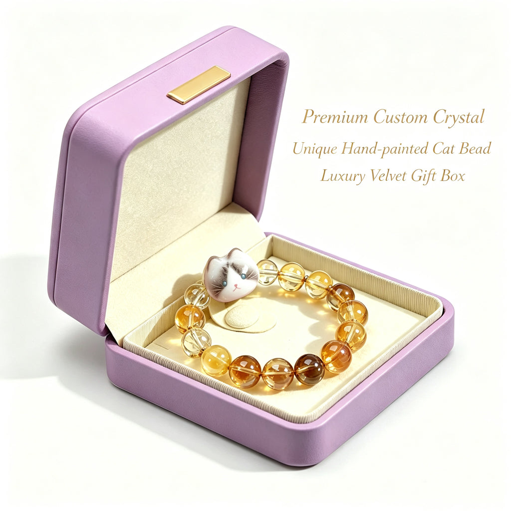 Luxury Temple Blessing Custom Crystal Bracelet Gift Box, High-Grade Crystal Five Elements Custom Cat Jewelry With Handwritten Blessing Card