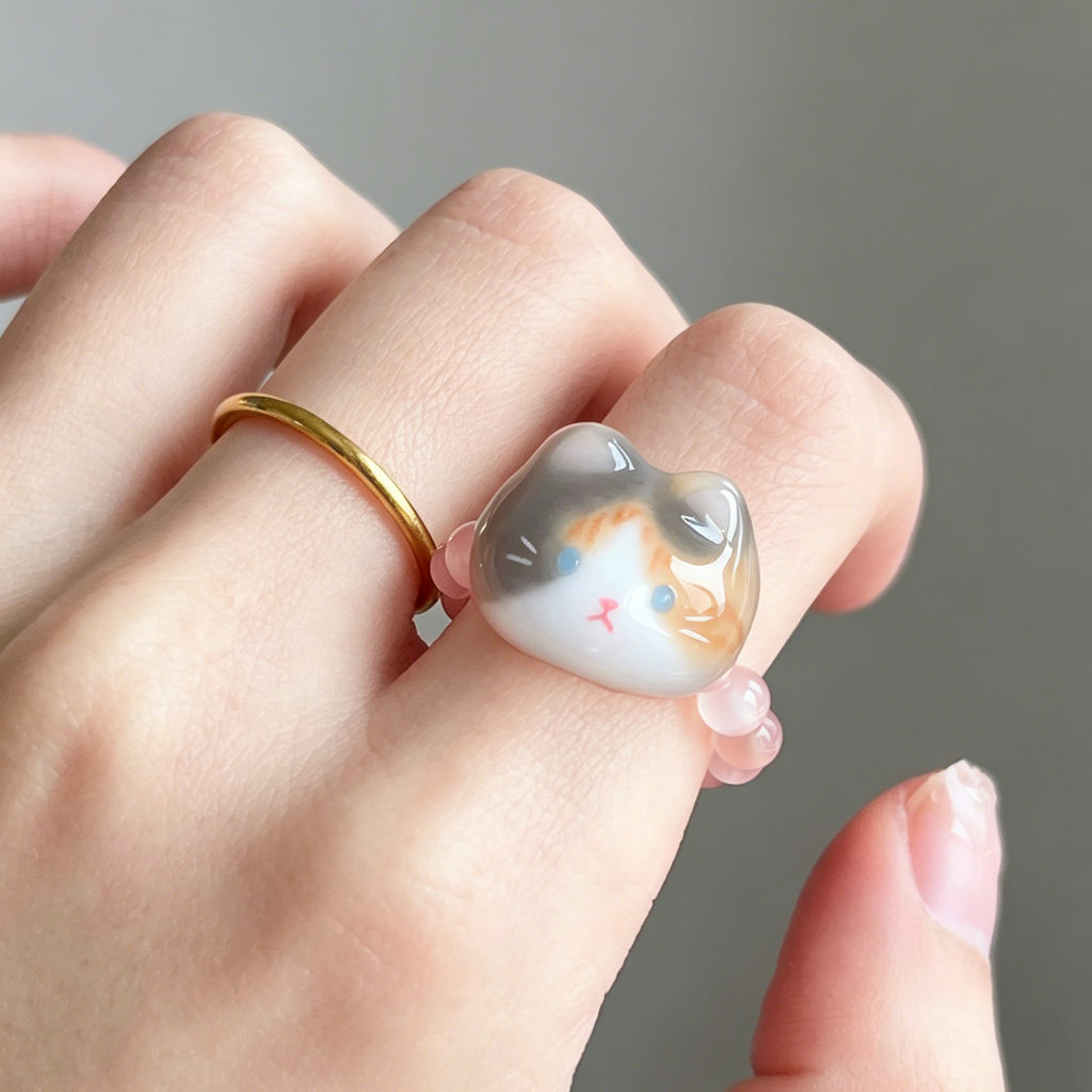 Dainty 2mm Crystal Cat Head Ring, Minimalist Cute Kitten Stackable Ring, Ready-Made Pet Jewelry Gift For Cat Lovers