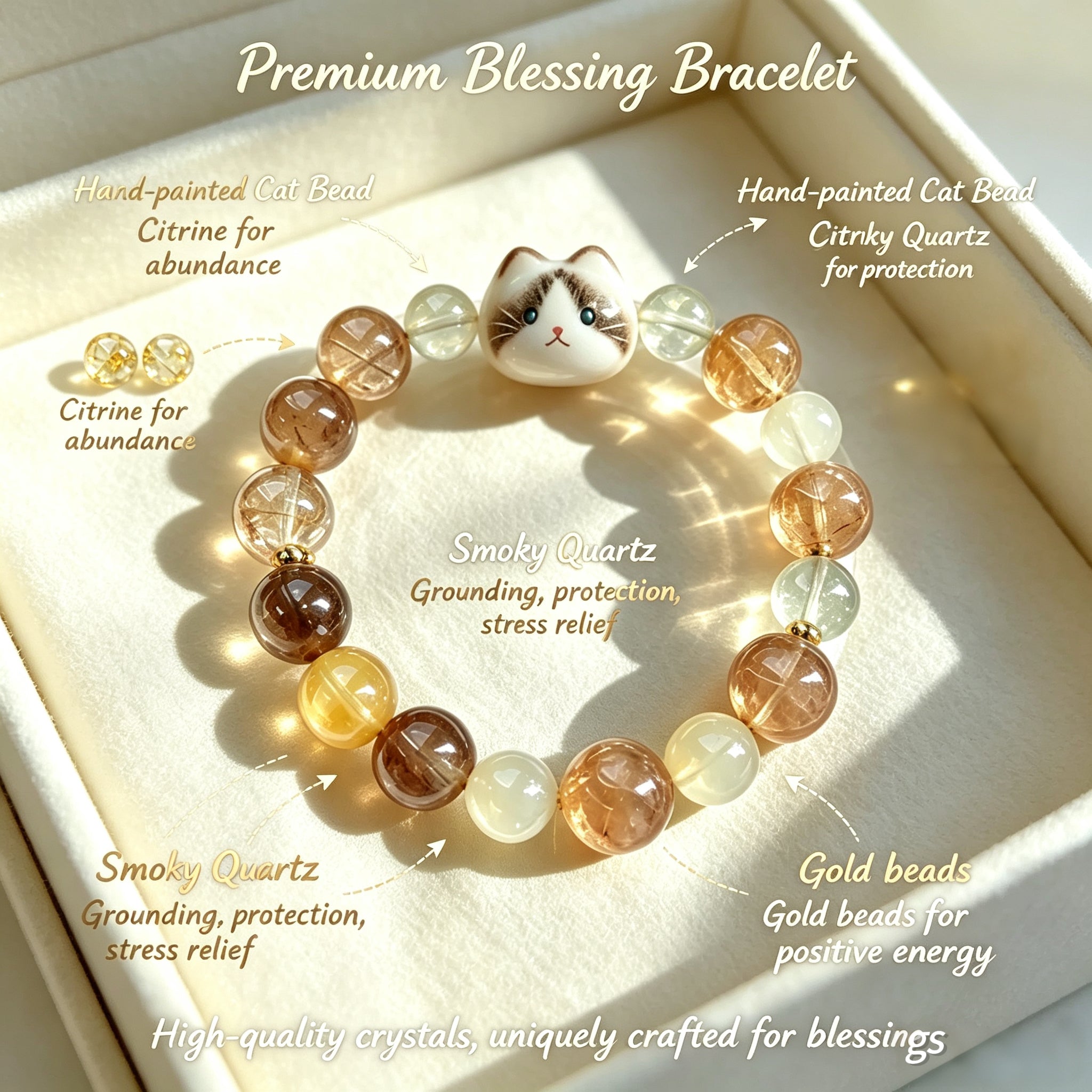 Luxury Temple Blessing Custom Crystal Bracelet Gift Box, High-Grade Crystal Five Elements Custom Cat Jewelry With Handwritten Blessing Card