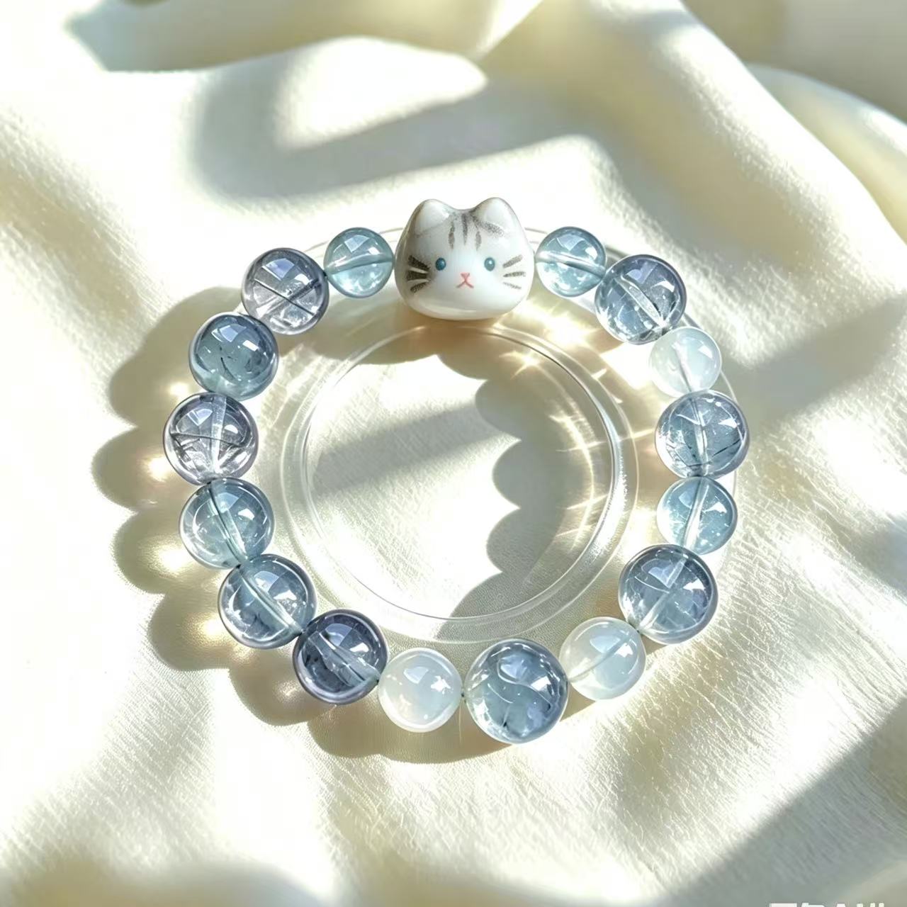 Classic Crystal Cat Head Bracelet, Pre-Made Kitten Charm Beaded Bracelet, Daily Wear Pet Jewelry Gift For Cat Lovers