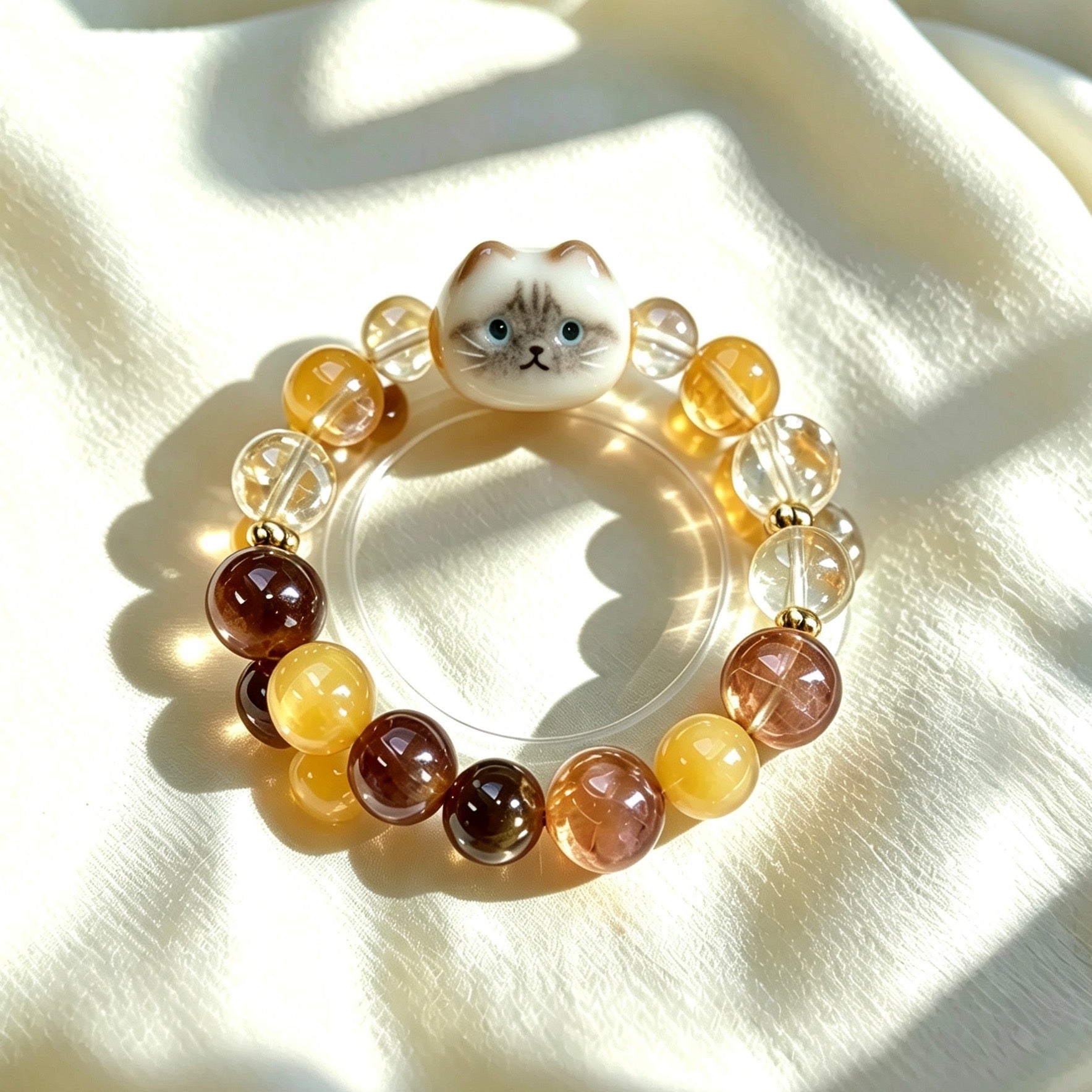 Classic Crystal Cat Head Bracelet, Pre-Made Kitten Charm Beaded Bracelet, Daily Wear Pet Jewelry Gift For Cat Lovers